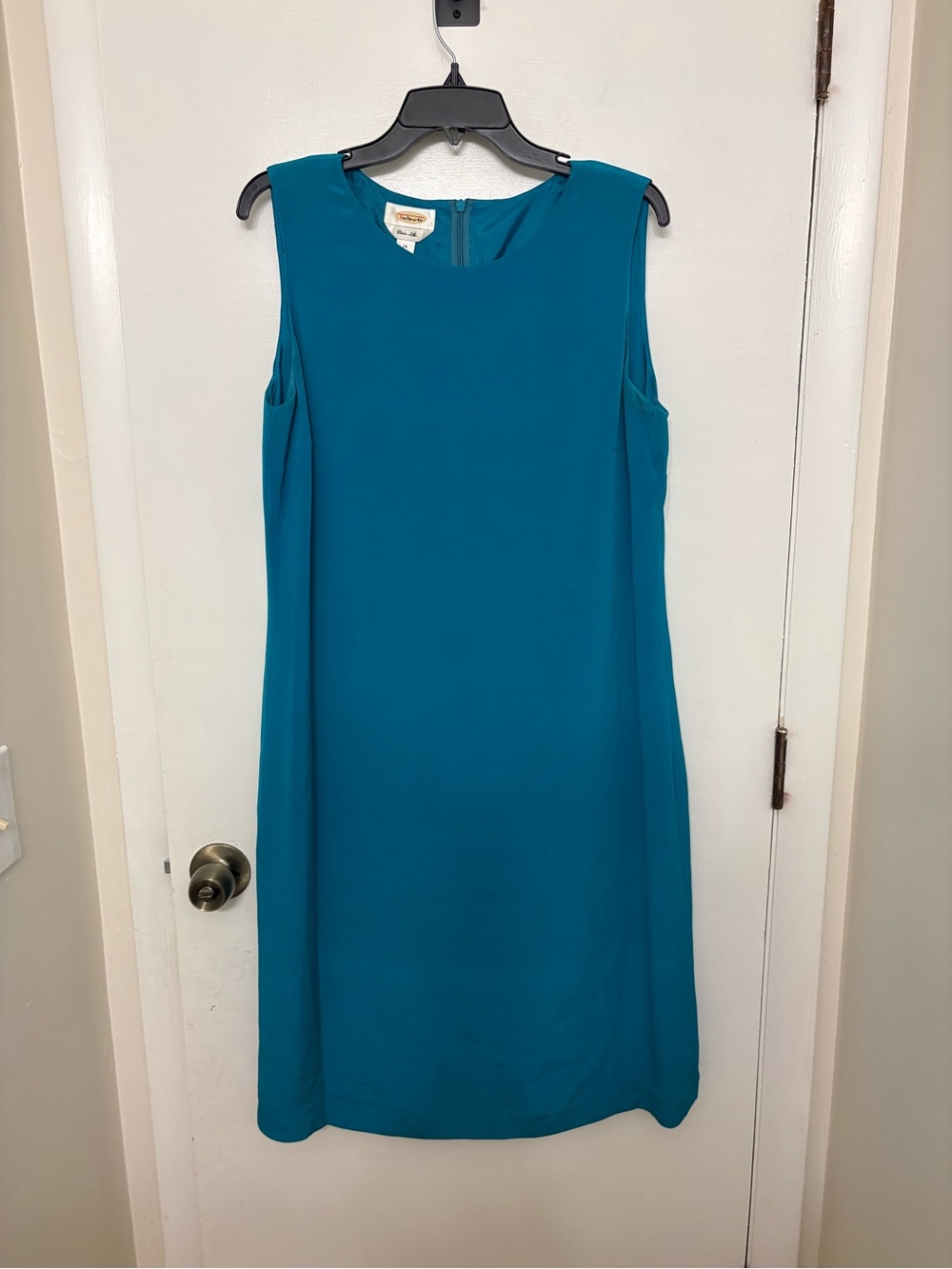 Vintage 90s Talbots Pure Silk Sheath Dress 14 Teal Blue Sleeveless Shift
